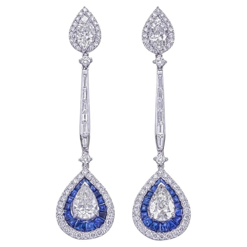 5.17 Carat Diamond Earrings with Blue Sapphire in 18K White Gold