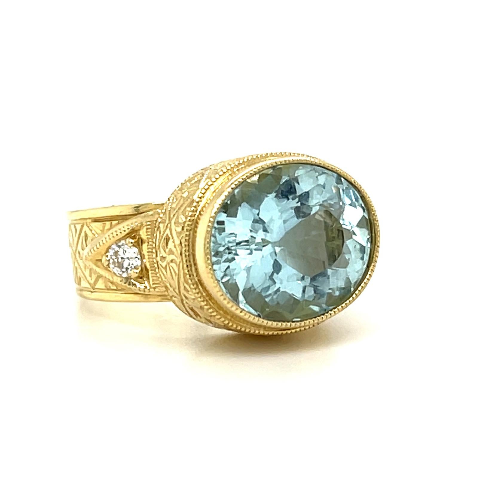 Artisan Aquamarine and Diamond Band Ring in 18k Yellow Gold, 5.17 Carats For Sale