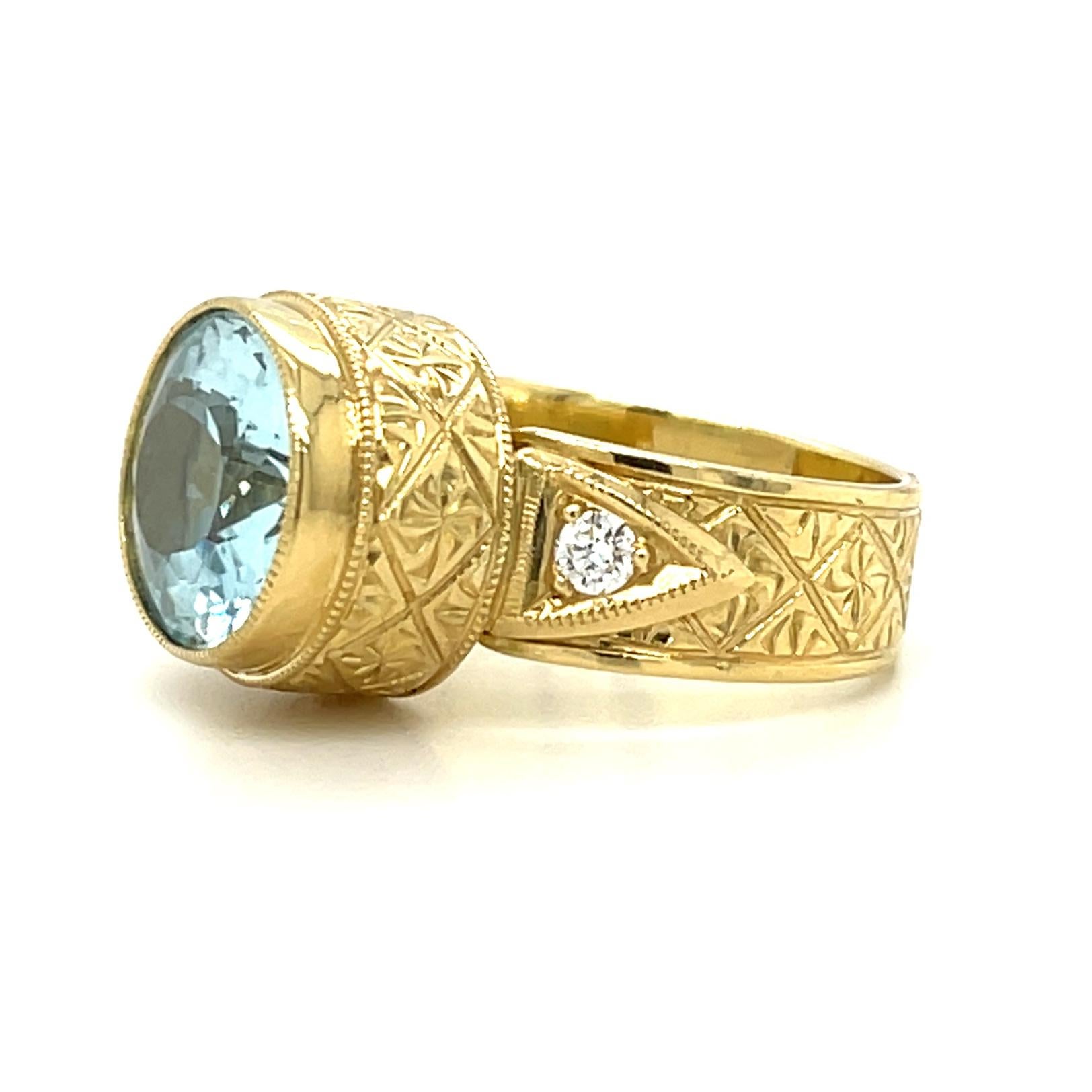 Aquamarine and Diamond Band Ring in 18k Yellow Gold, 5.17 Carats In New Condition For Sale In Los Angeles, CA