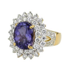 5.17 Carat Oval Purple Blue Tanzanite Diamond Halo Gold Cluster Cocktail Ring