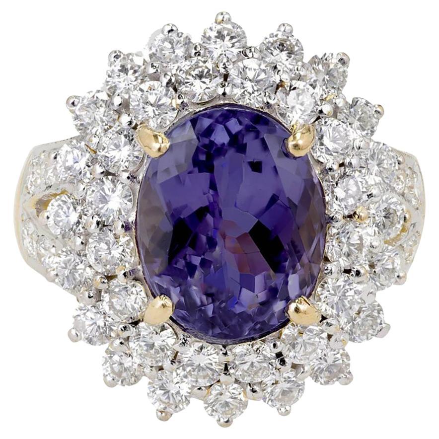 5.17 Carat Oval Purple Blue Tanzanite Diamond Halo Gold Cluster Cocktail Ring For Sale