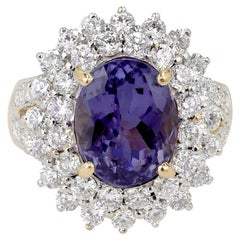 Vintage 5.17 Carat Oval Purple Blue Tanzanite Diamond Halo Gold Cluster Cocktail Ring