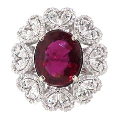 5.17 Carat Rubellite Tourmaline and Diamonds Cluster Heart Ring, 18 Karat Gold