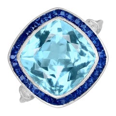 Cushion Aquamarine and Sapphire Cluster Ring (Approx. 5.10-Carats), Platinum