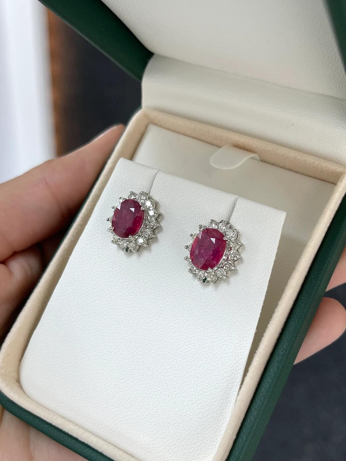 5.17tcw 14K Natural Pinkish Red Oval Cut Ruby & Diamond Halo Stud Gold Earrings en vente 1