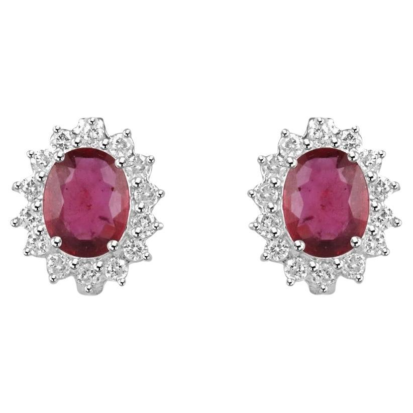 5.17tcw 14K Natural Pinkish Red Oval Cut Ruby & Diamond Halo Stud Gold Earrings For Sale