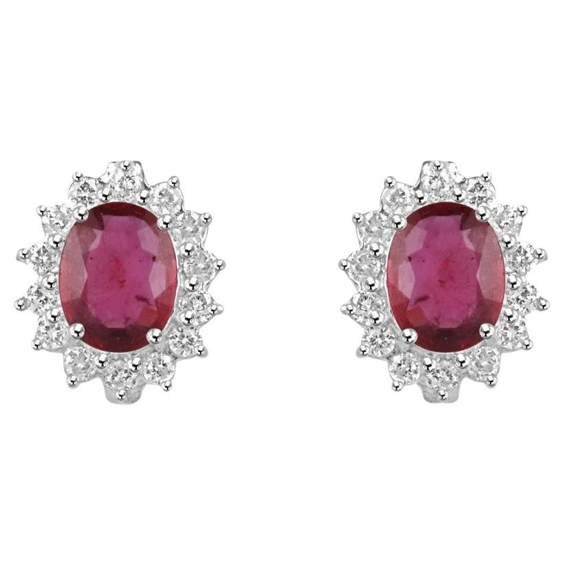 5.17tcw 14K Natural Pinkish Red Oval Cut Ruby & Diamond Halo Stud Gold Earrings
