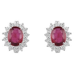 5.17tcw 14K Natural Pinkish Red Oval Cut Ruby & Diamond Halo Stud Gold Earrings