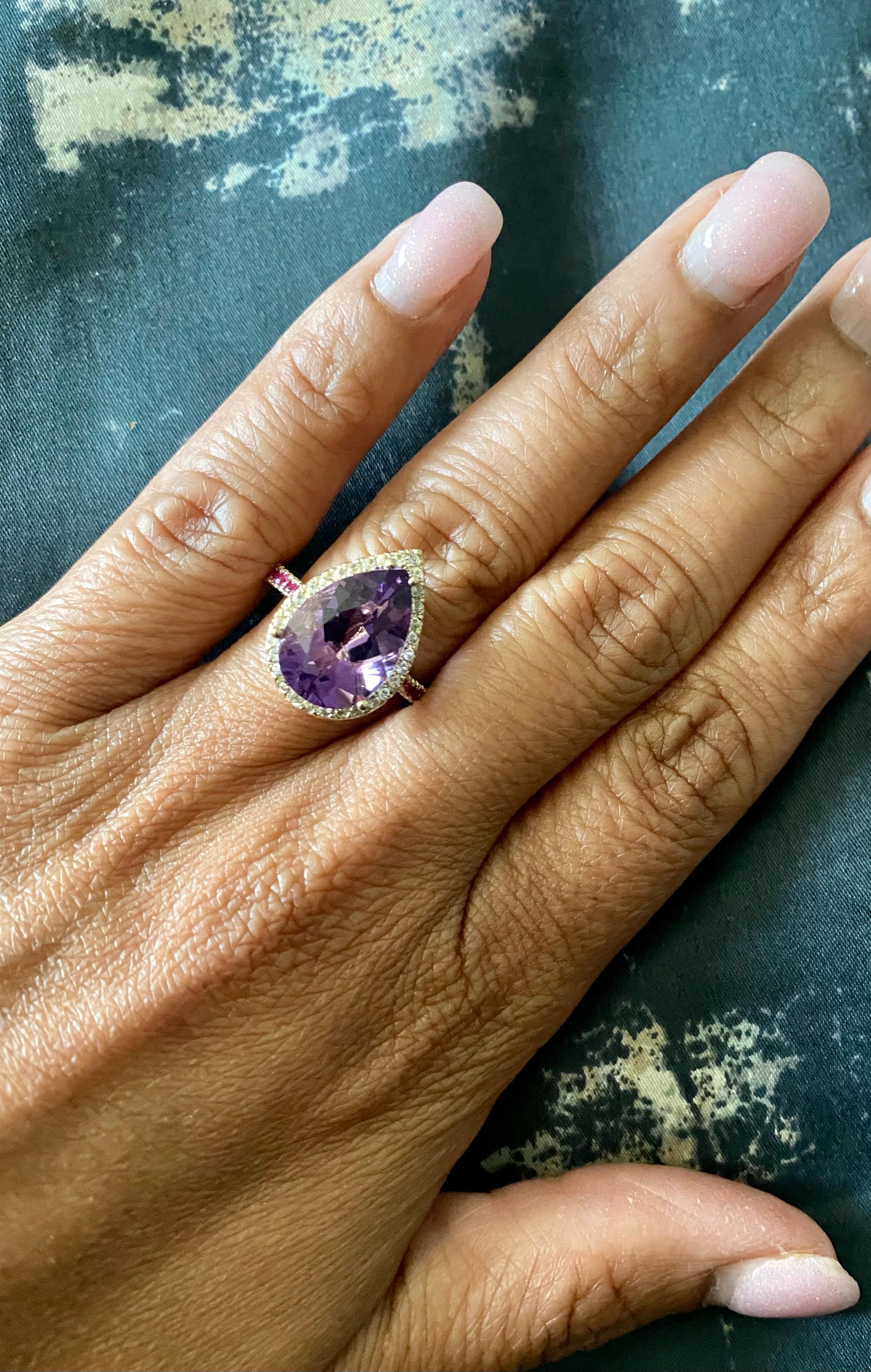 5.18 Carat Amethyst Pink Sapphire White Sapphire 14K Yellow Gold Cocktail Ring In New Condition In Los Angeles, CA