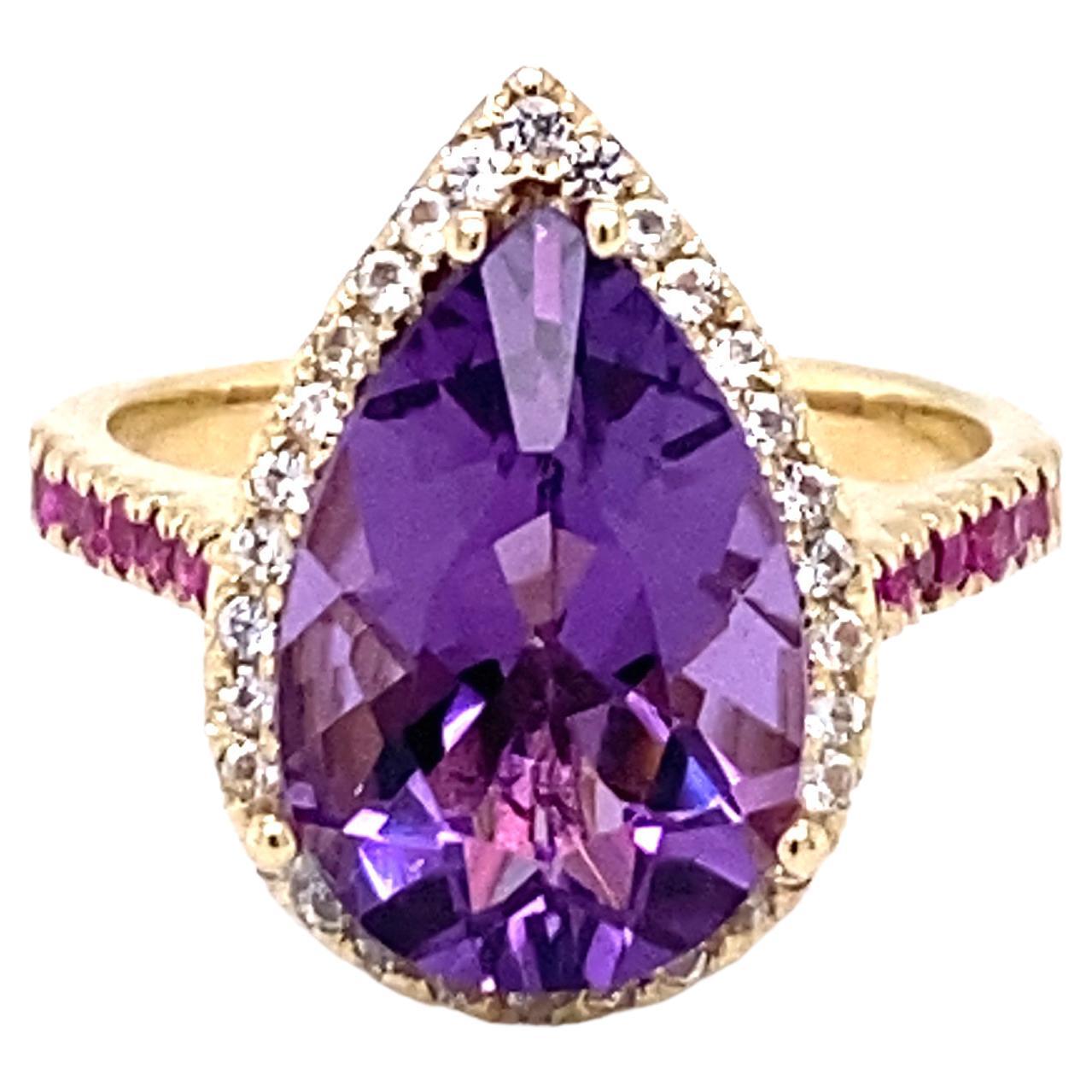 5.18 Carat Amethyst Pink Sapphire White Sapphire 14K Yellow Gold Cocktail Ring