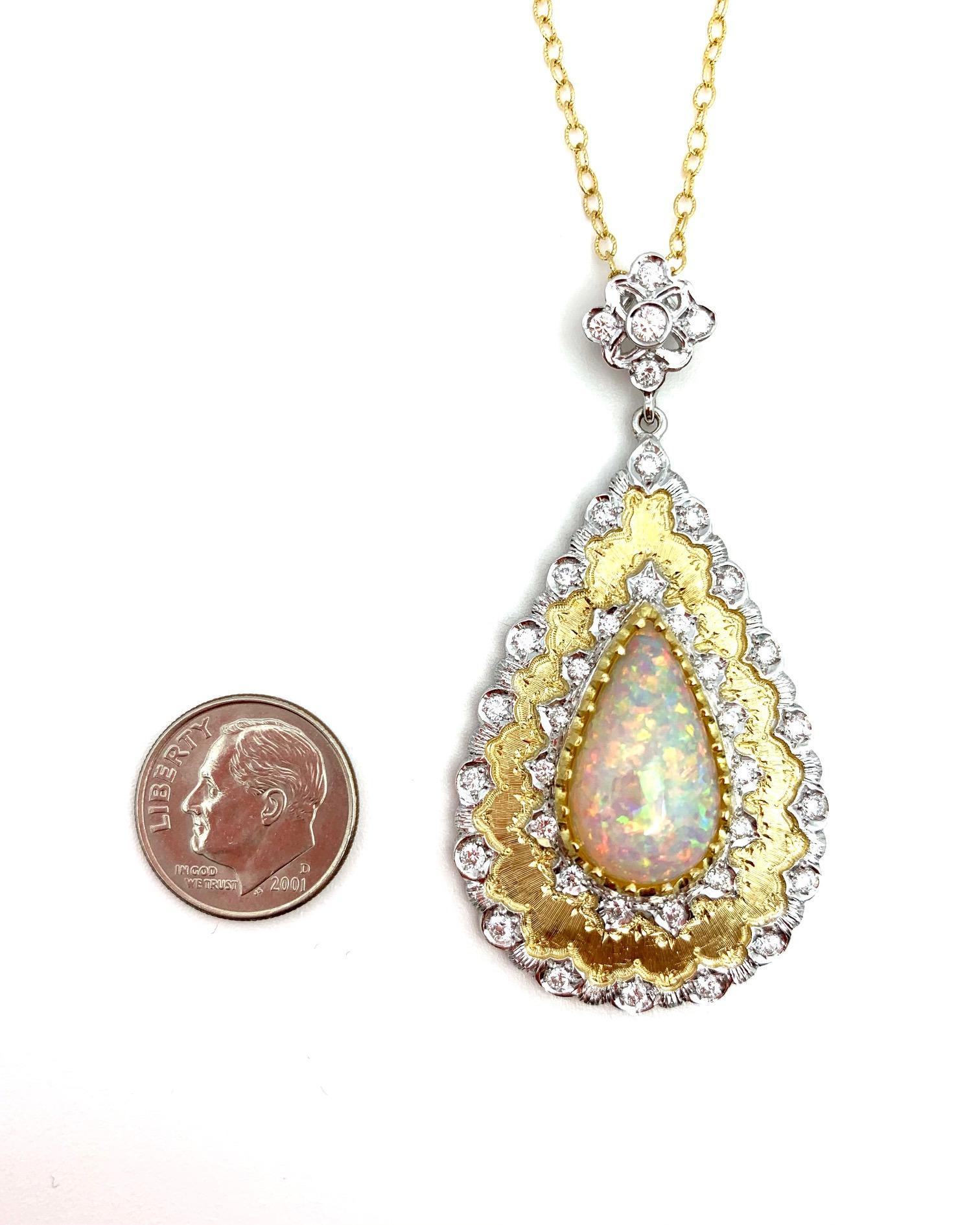 5.18 Carat Australian Opal Pear Shape, Diamond Yellow Gold Italian Drop Necklace 1
