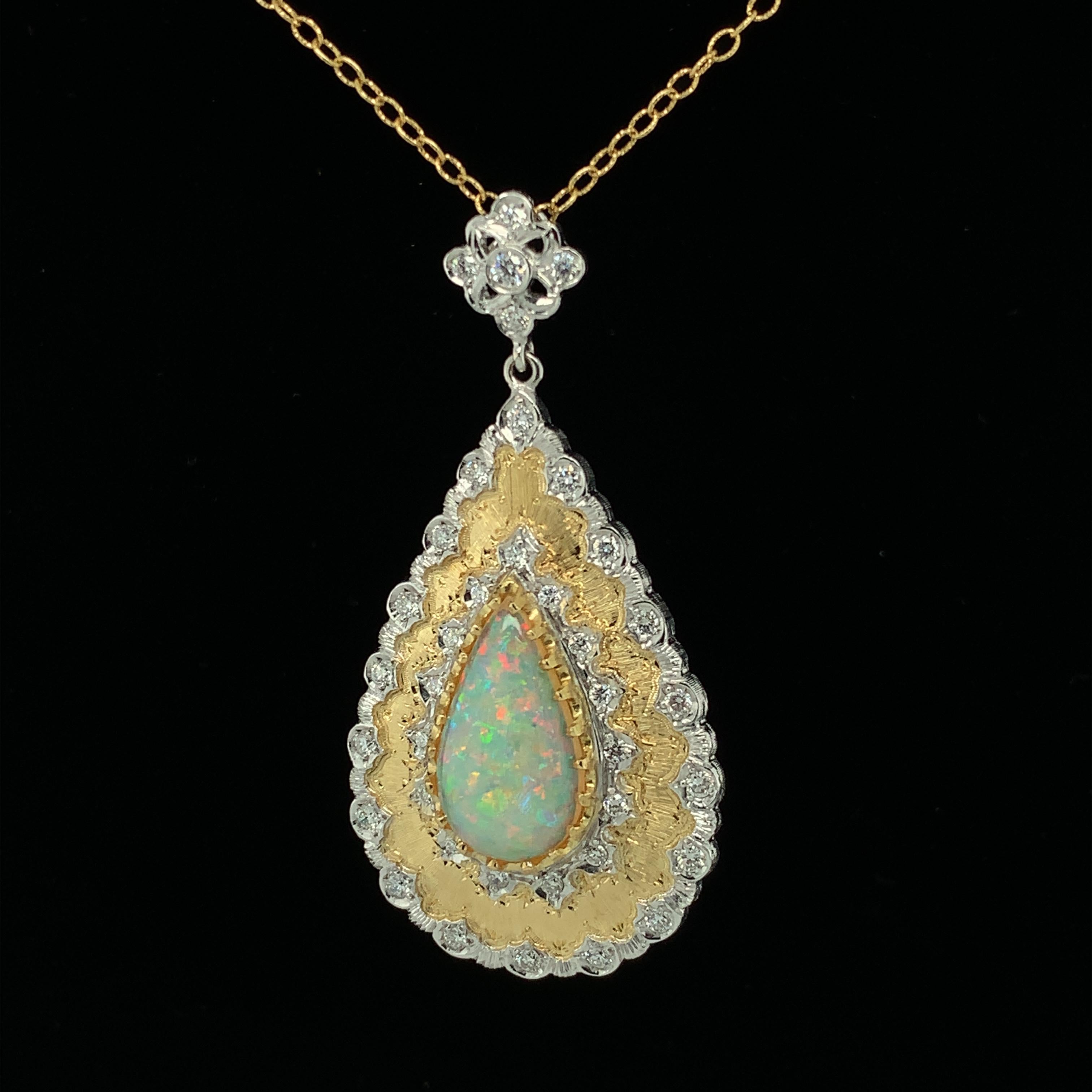 Artisan 5.18 Carat Australian Opal Pear Shape, Diamond Yellow Gold Italian Drop Necklace