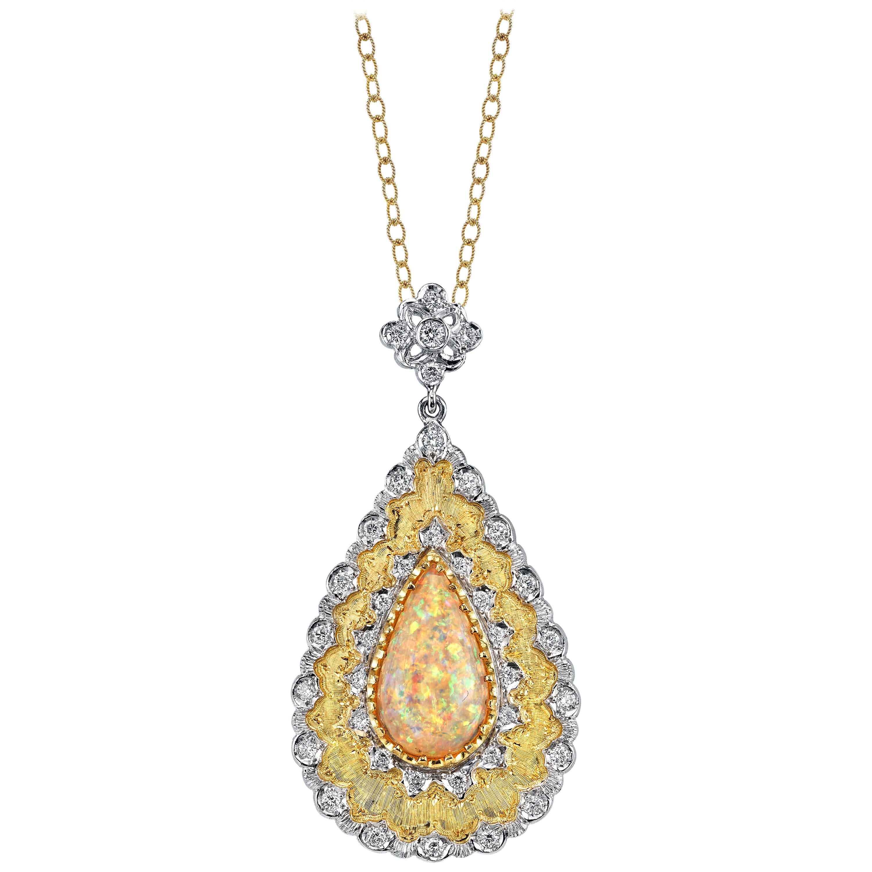 5.18 Carat Australian Opal Pear Shape, Diamond Yellow Gold Italian Drop Necklace