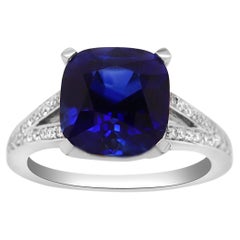 5.18 Carat Ceylon Cushion Cut Blue Sapphire Diamond Split Shank Engagement Ring