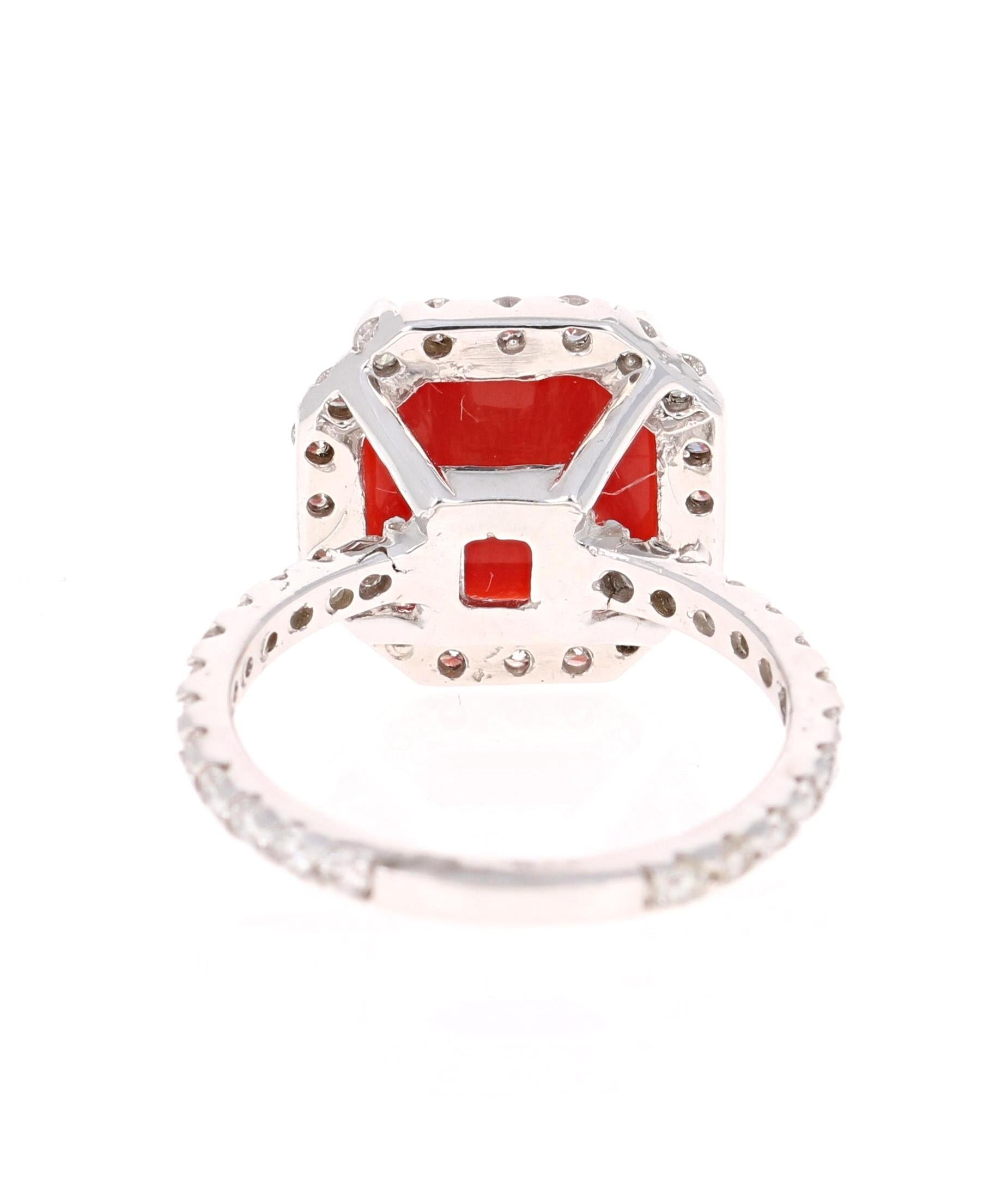 Contemporary 5.18 Carat Coral and Diamond 14 Karat White Gold Ring For Sale