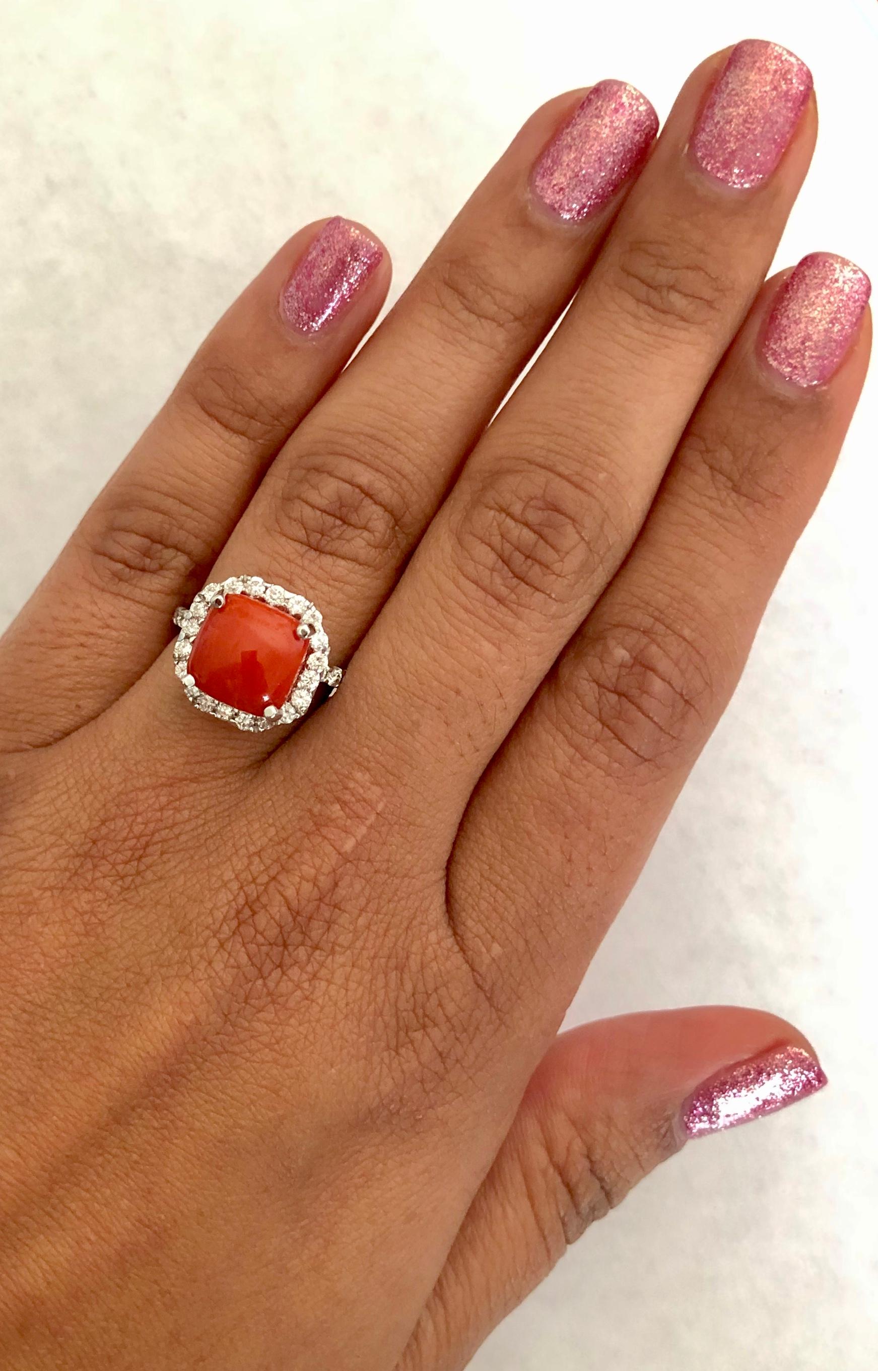 Cushion Cut 5.18 Carat Coral and Diamond 14 Karat White Gold Ring For Sale