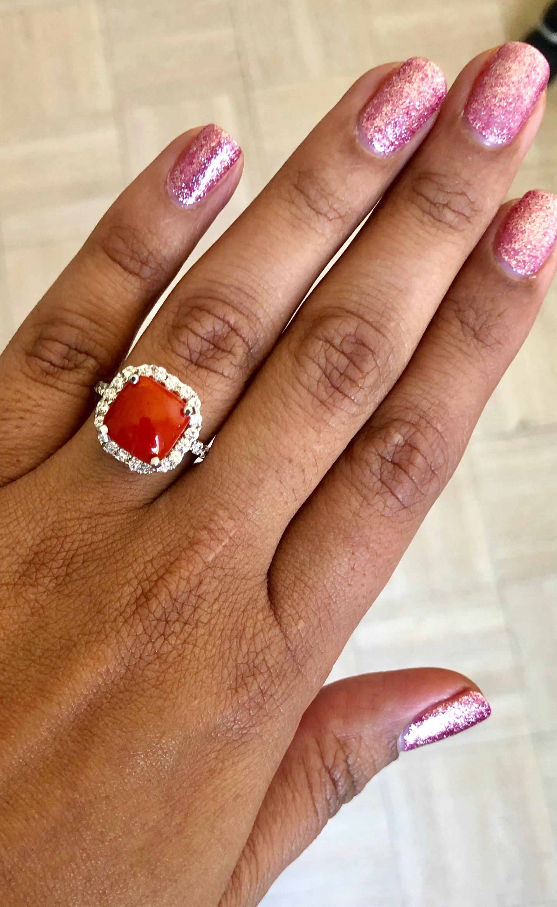 5.18 Carat Coral and Diamond 14 Karat White Gold Ring In New Condition For Sale In Los Angeles, CA