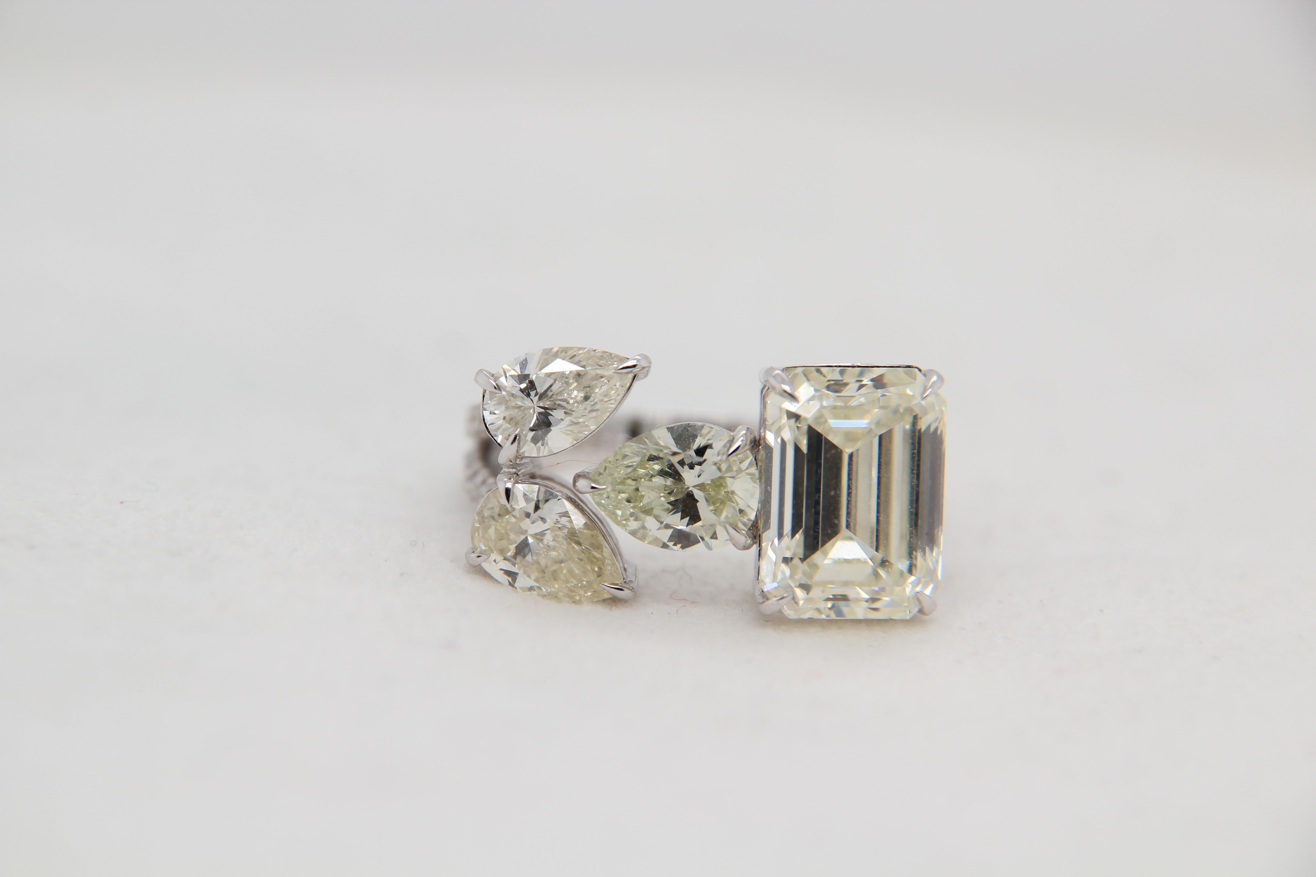 5.18 Carat Emerald Cut and Pear Shape Diamond Ring 1