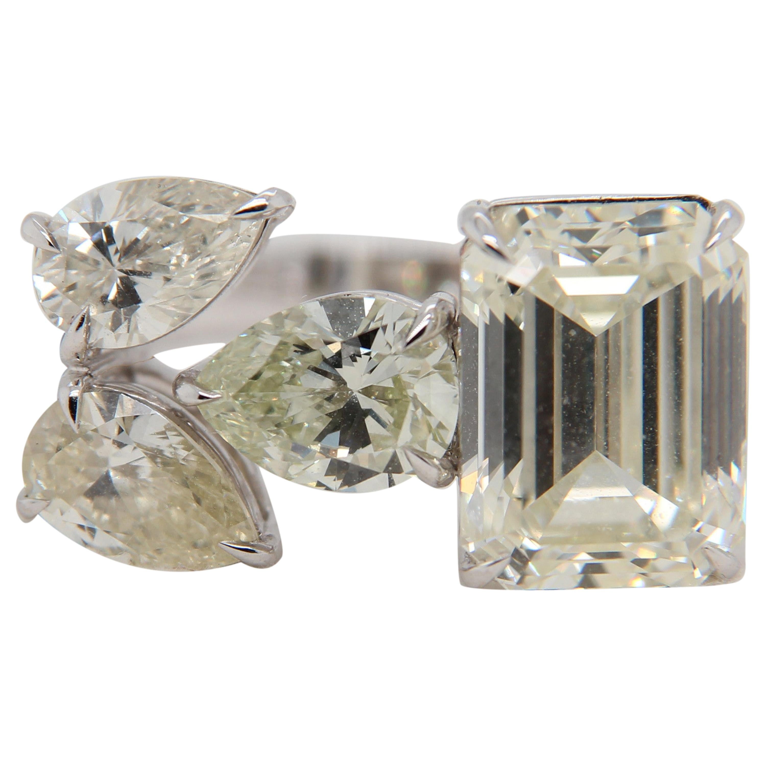 5.18 Carat Emerald Cut and Pear Shape Diamond Ring