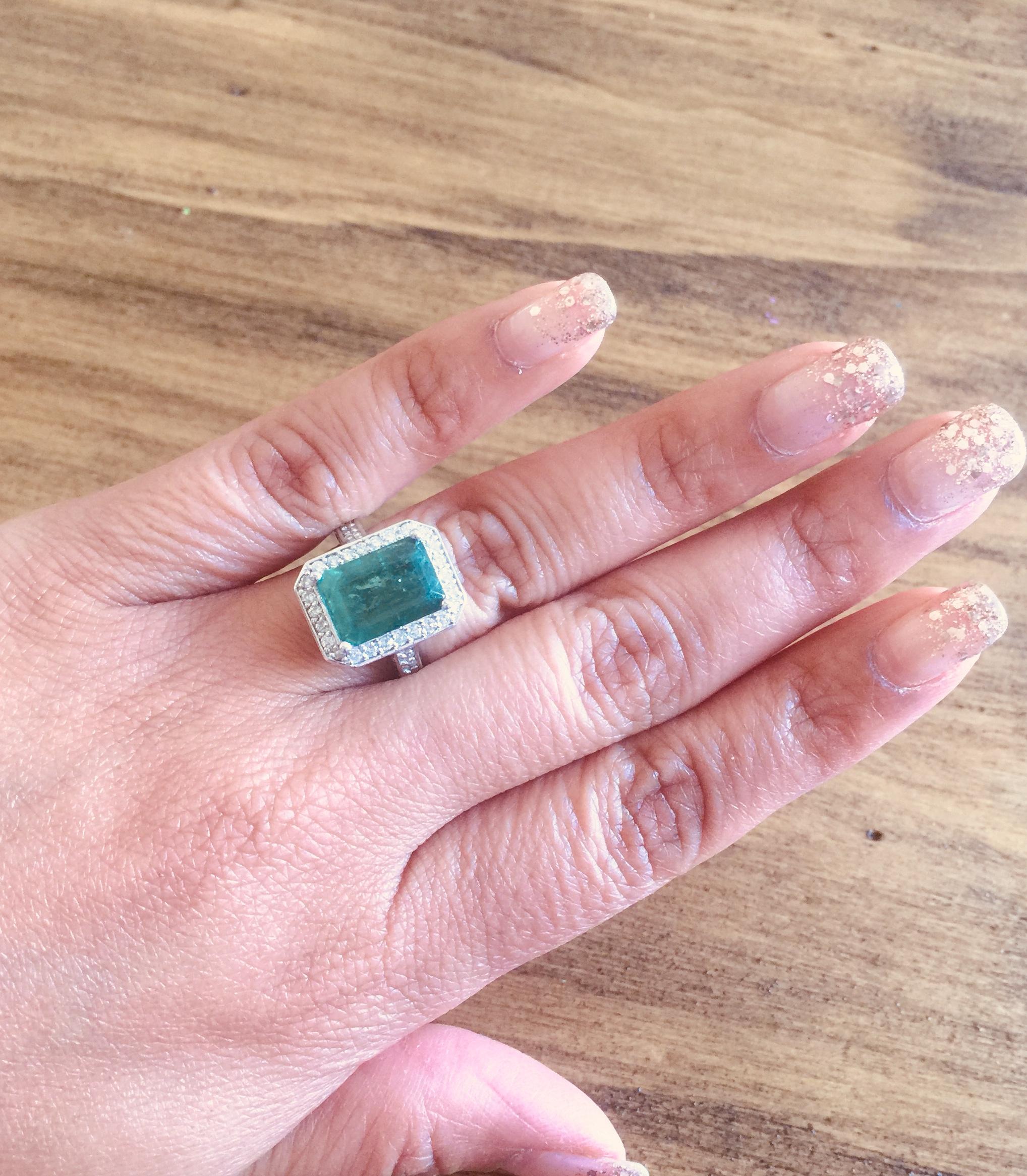 Women's 5.18 Carat Emerald Diamond White Gold Engagement Ring