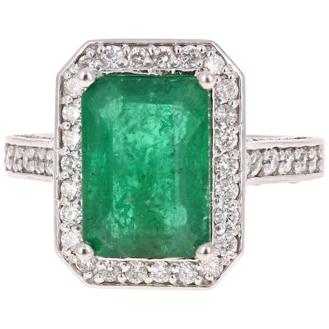5.18 Carat Emerald Diamond White Gold Engagement Ring
