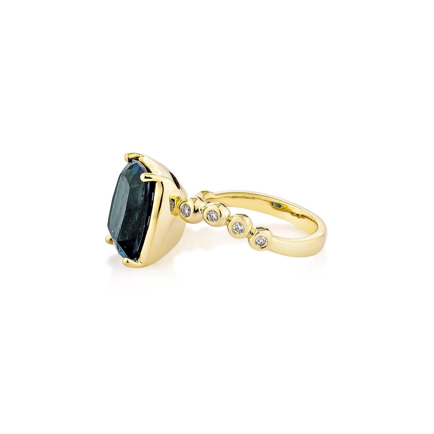 Cushion Cut 5.18 Carat London Blue Topaz Fancy Ring in 18Karat Yellow Gold with Diamond. For Sale