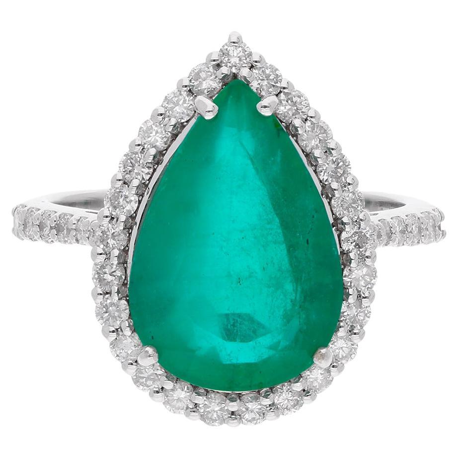 5.18 Carat Pear Zambian Emerald Cocktail Ring 0.65 ct Diamond 18k White Gold