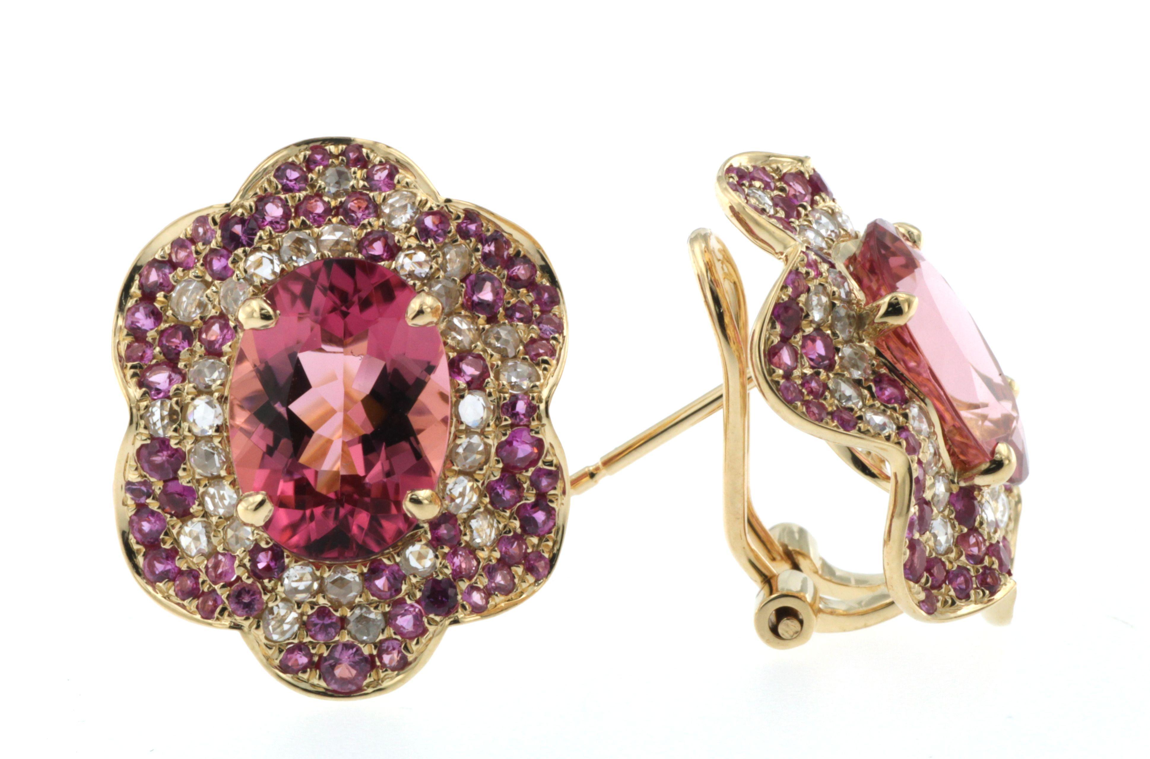 Oval Cut IGI CERTIFIED 5.18 Carat Pink Rubellite Tourmaline Diamond Ruby Earrings For Sale