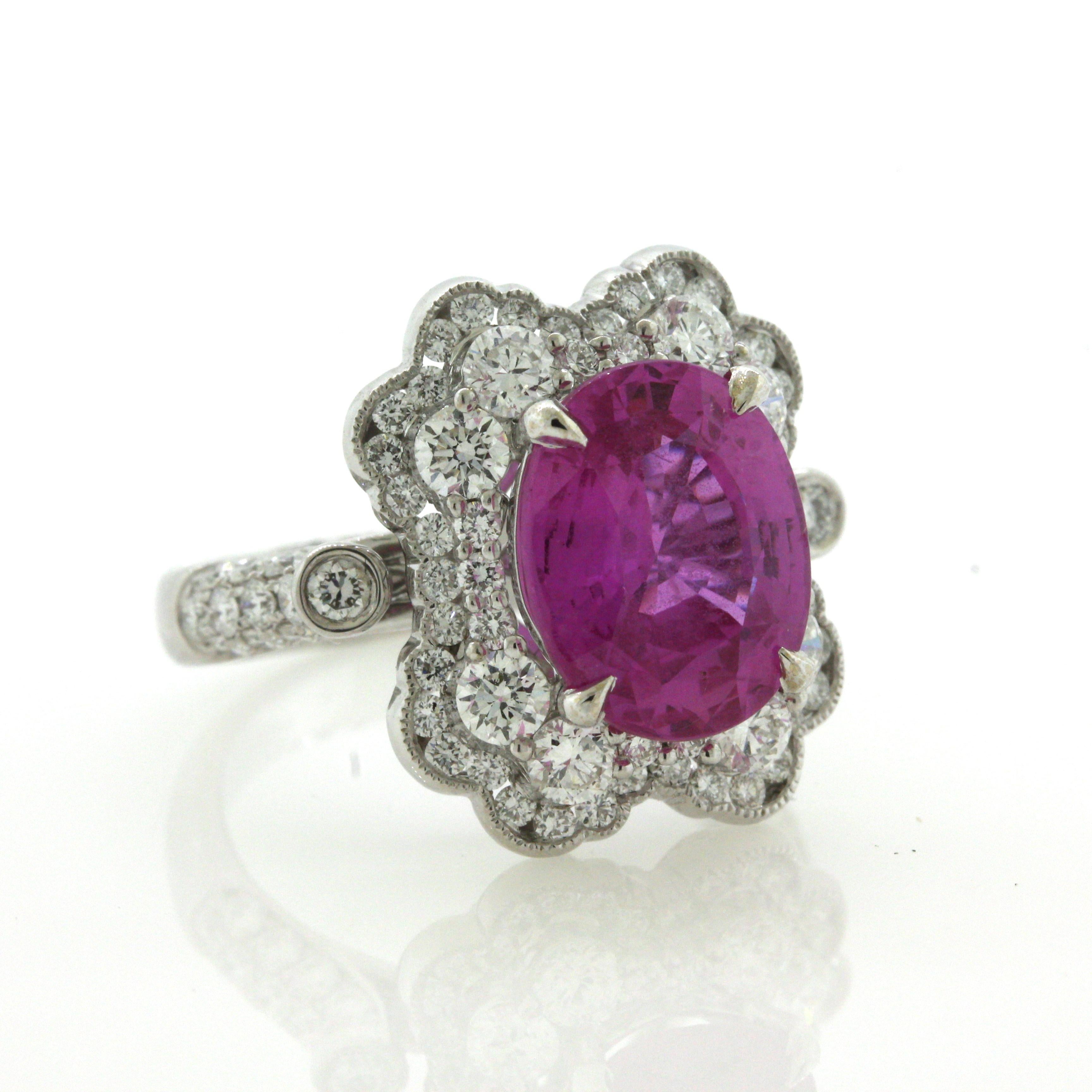 5.18 Carat Pink Sapphire Diamond Platinum Ring, AGL Certified For Sale 5