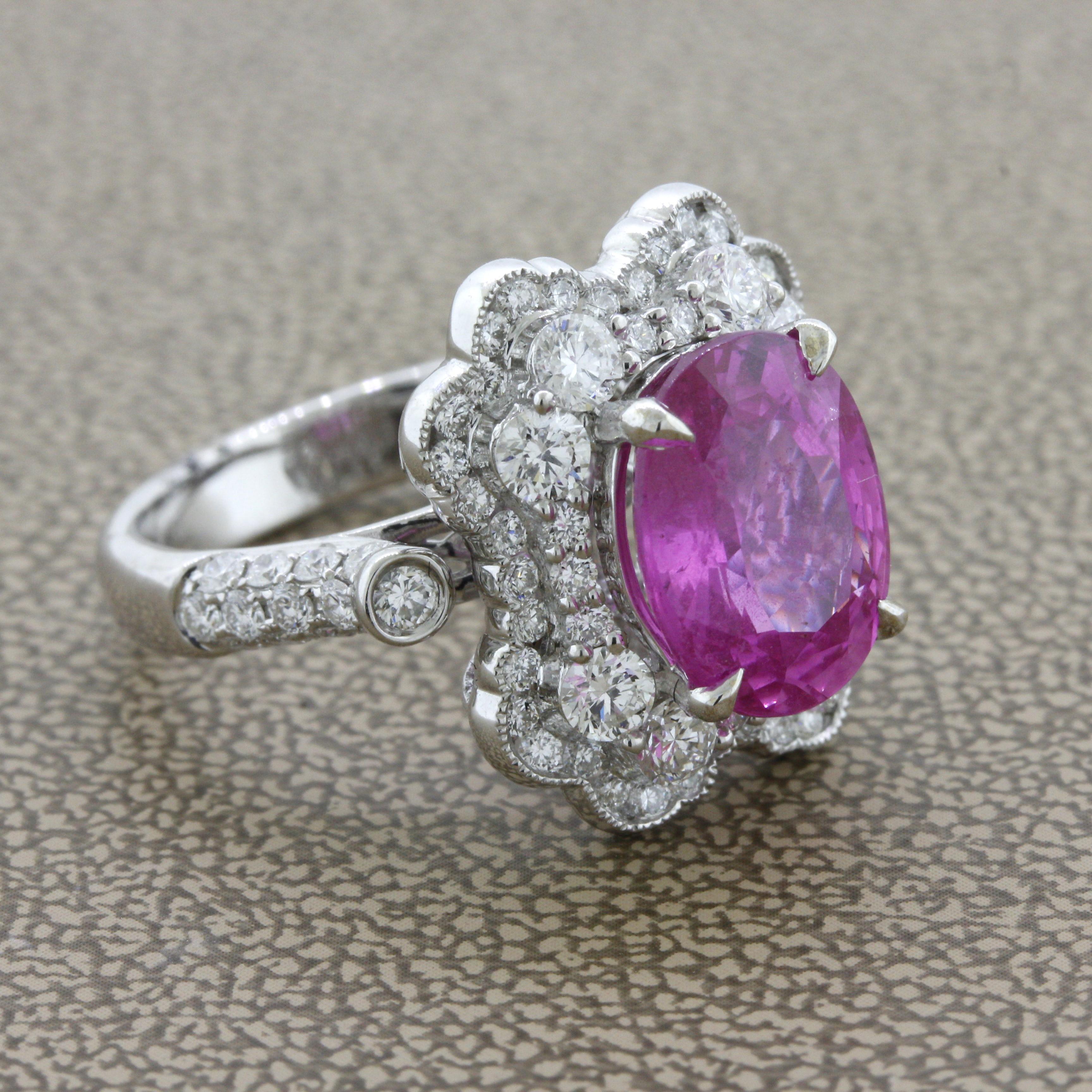 5.18 Carat Pink Sapphire Diamond Platinum Ring, AGL Certified In New Condition For Sale In Beverly Hills, CA