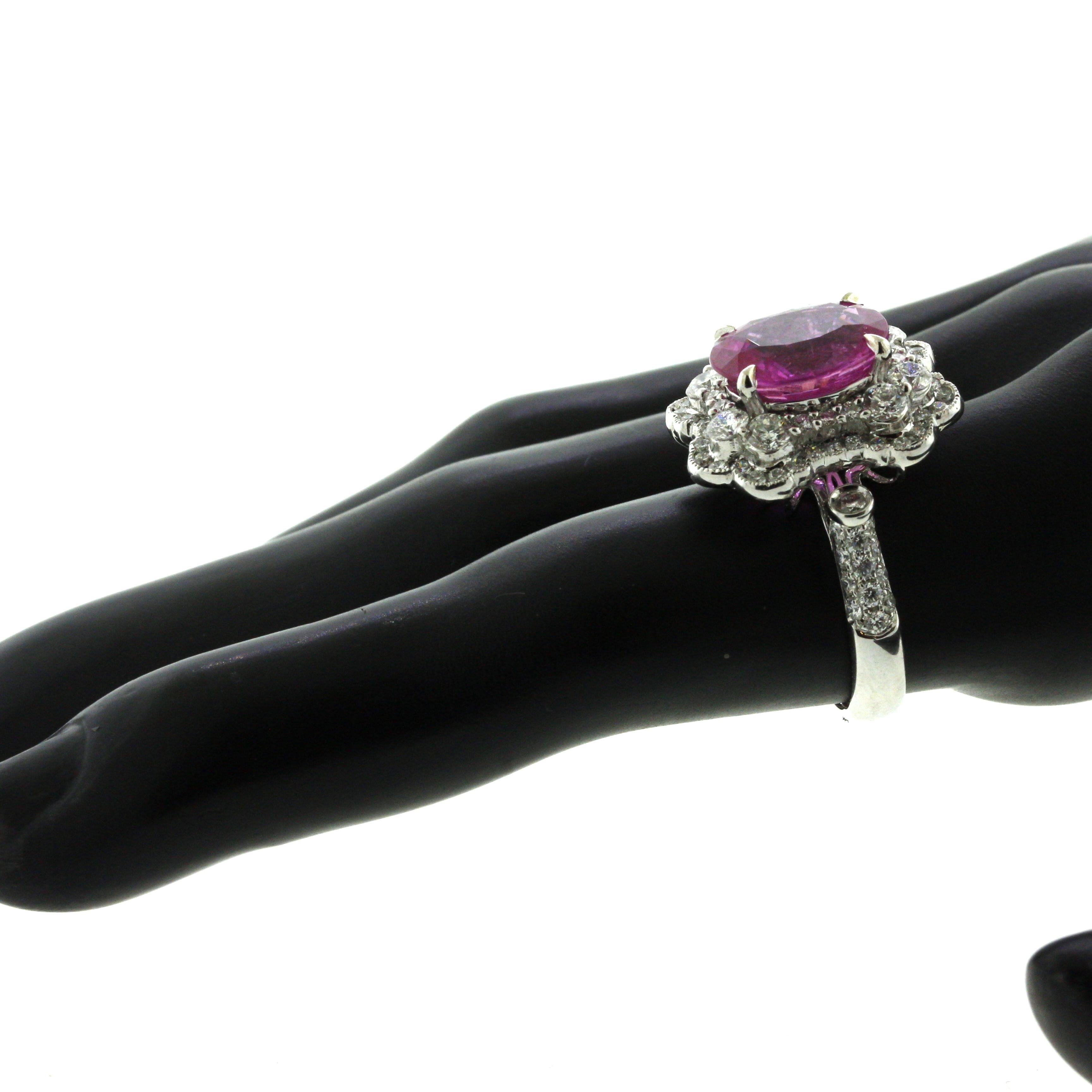 Women's 5.18 Carat Pink Sapphire Diamond Platinum Ring, AGL Certified For Sale