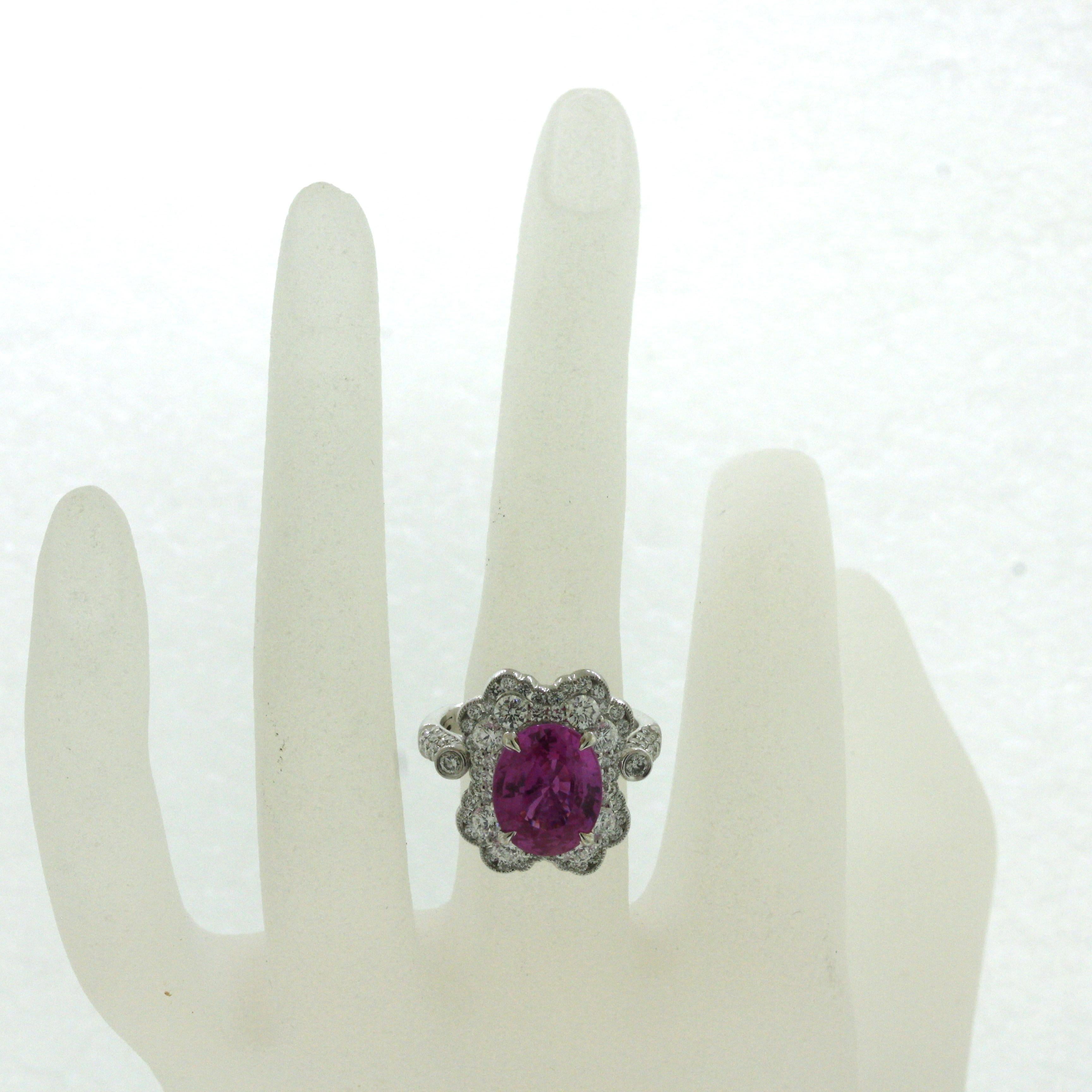 5.18 Carat Pink Sapphire Diamond Platinum Ring, AGL Certified For Sale 2