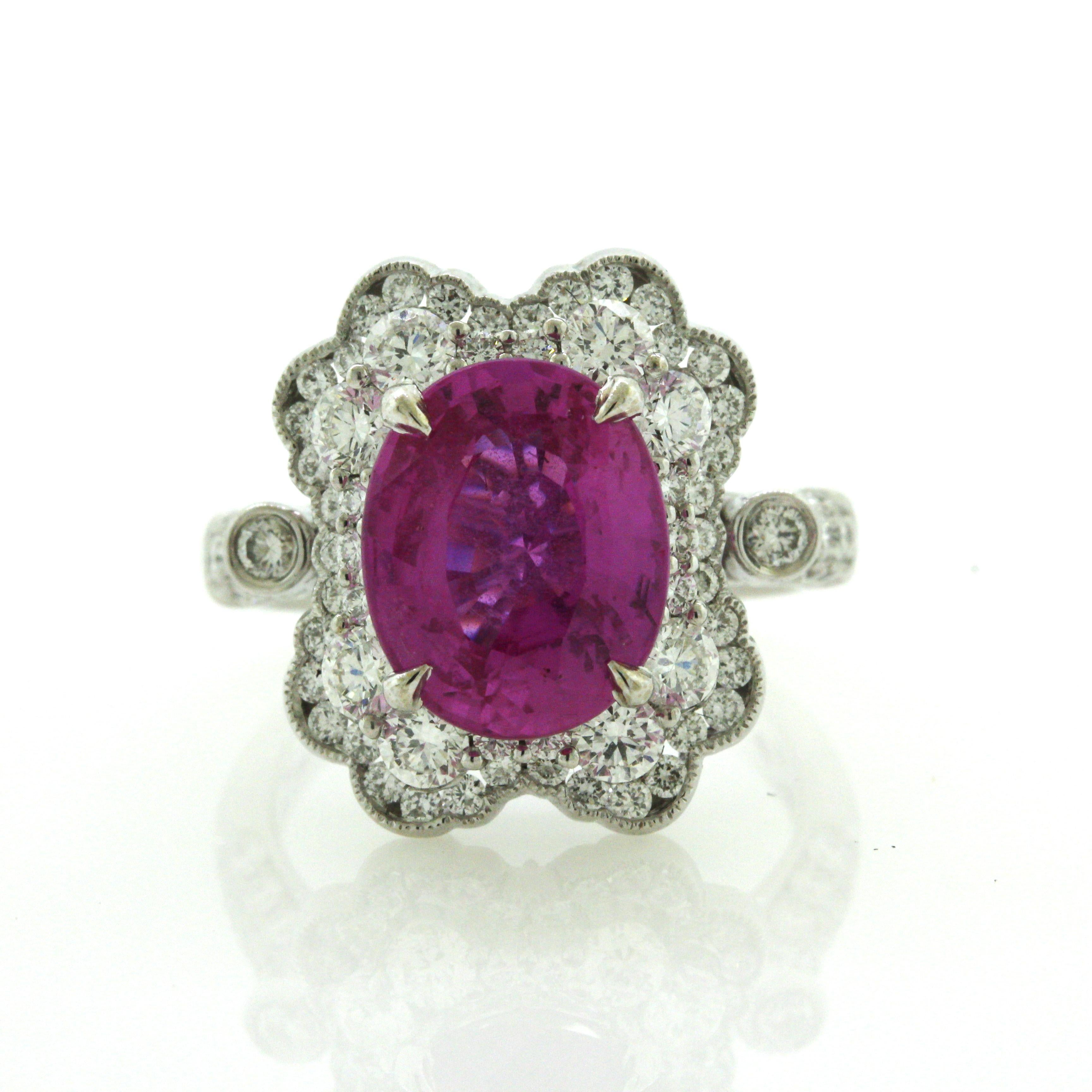 5.18 Carat Pink Sapphire Diamond Platinum Ring, AGL Certified For Sale 3