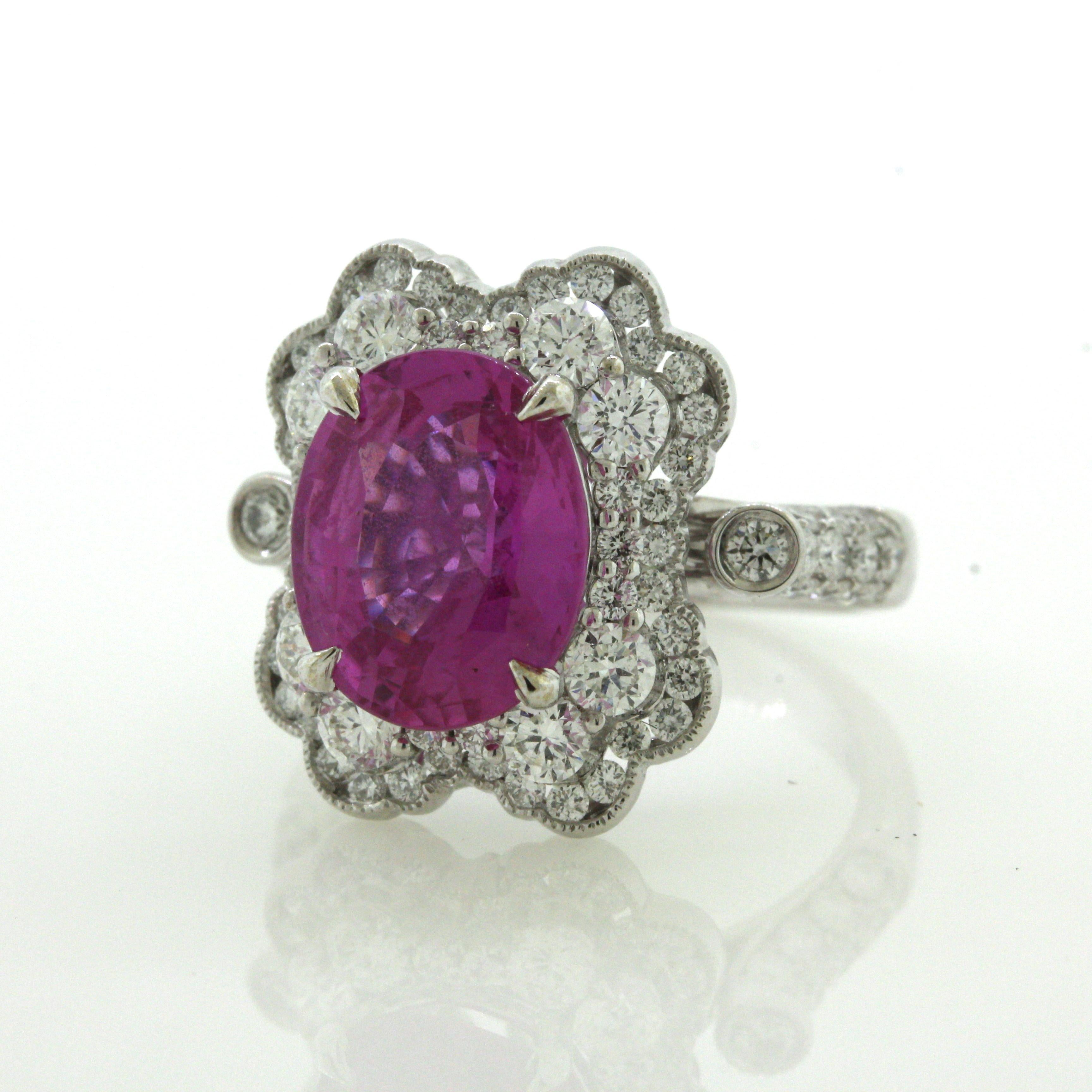 5.18 Carat Pink Sapphire Diamond Platinum Ring, AGL Certified For Sale 4