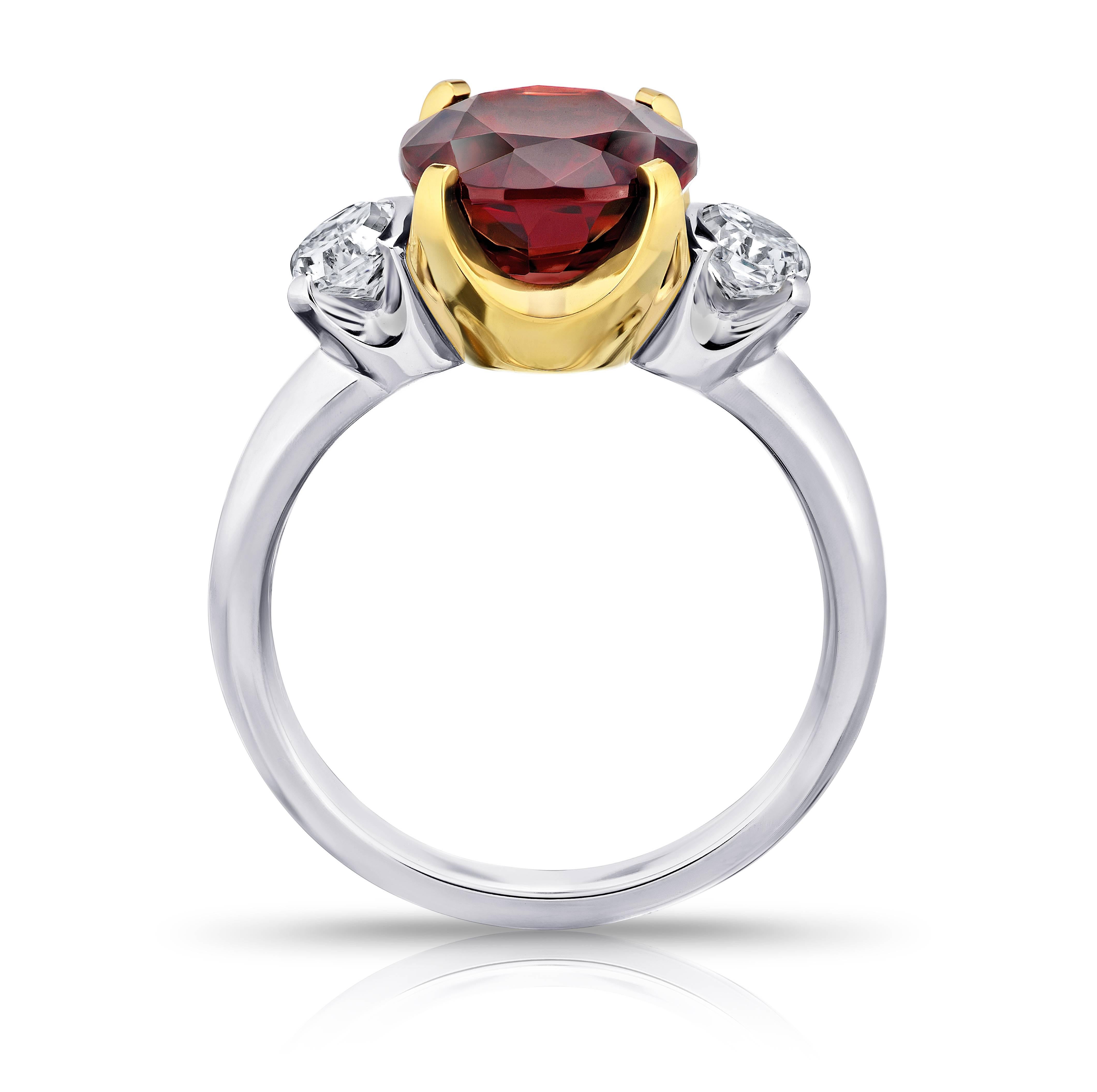 Contemporary 5.19 Carat Cushion Red Spinel and Diamond Platinum and 18k Yellow Gold Ring For Sale