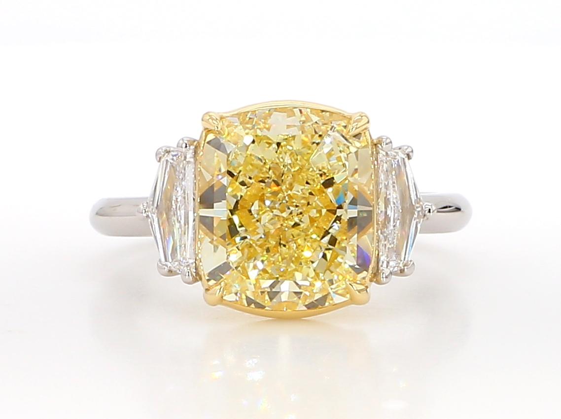 Cushion Cut 5.19 Carat Fancy Light Yellow Diamond Three-Stone Engagement Ring, GIA Certified For Sale