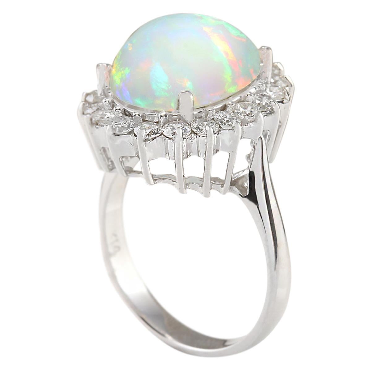 Oval Cut Natural Opal 14 Karat White Gold Diamond Ring For Sale