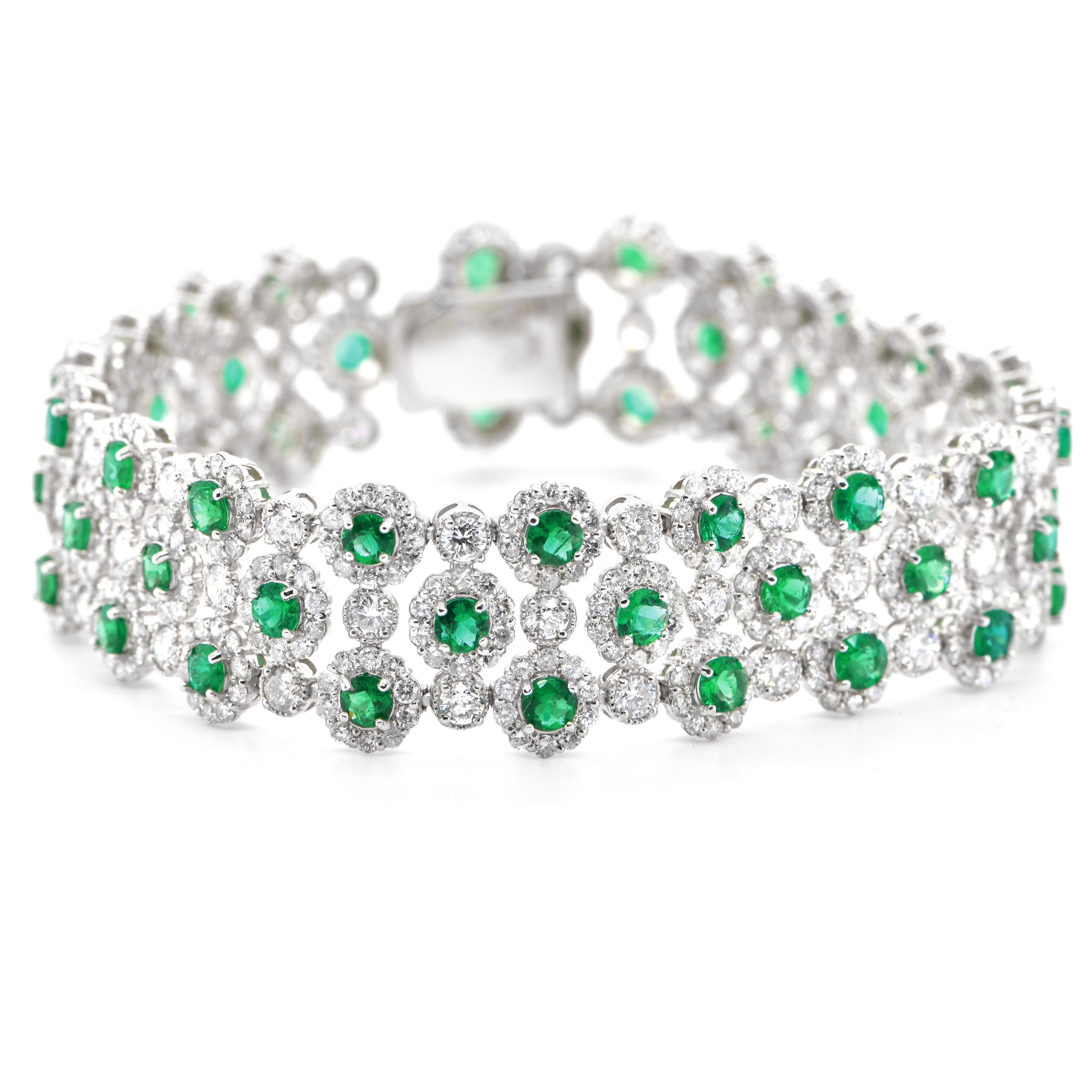 A beautiful 3 Line Bracelet featuring a total of 5.19 Carats of Natural Emeralds and 8.74 Carats of Diamond Accents set in Platinum. The Emerald are of 5x3mm size. People have admired emerald’s green for thousands of years. Emeralds have always been