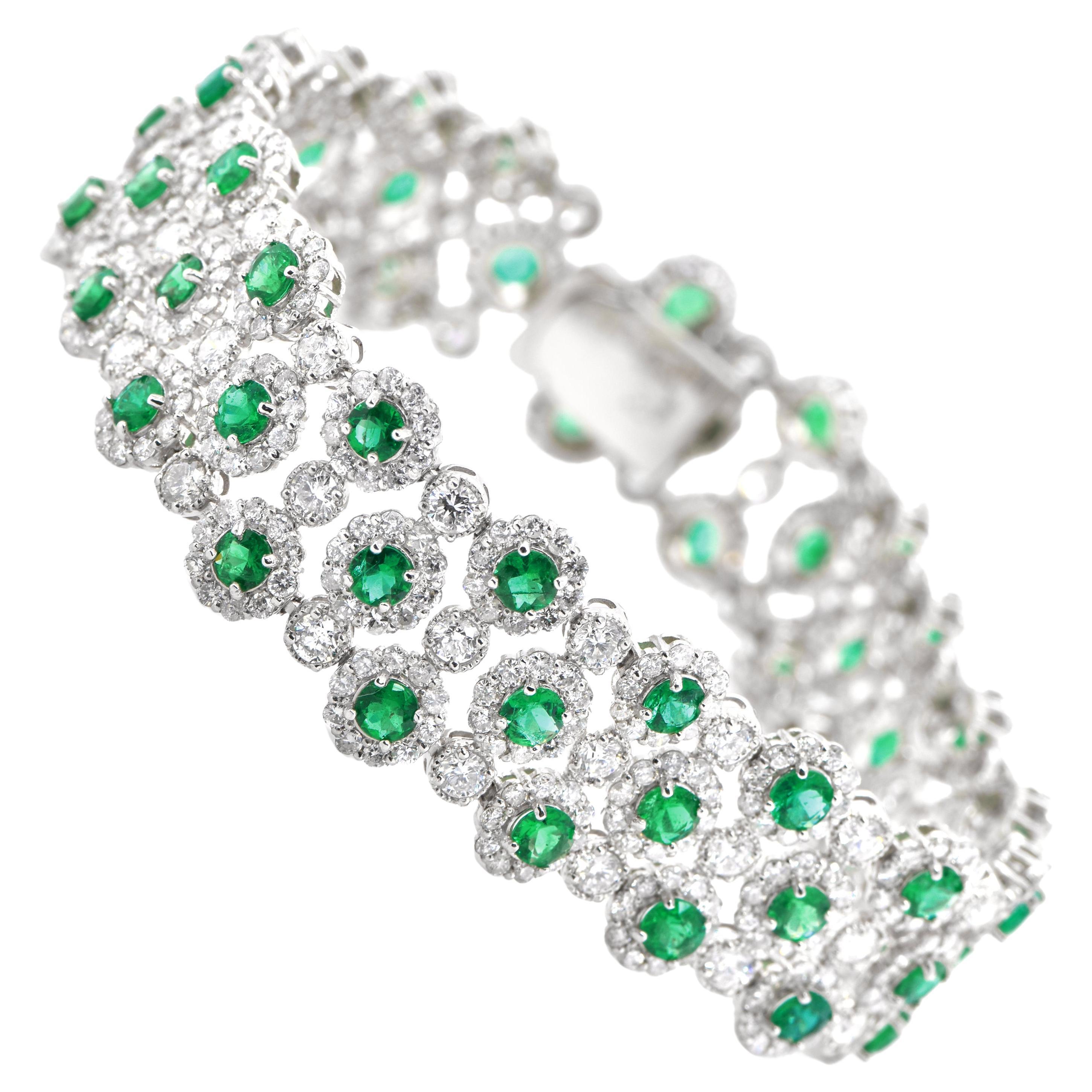 5.19 Carat Natural Round Cut Emeralds and Diamonds Bracelet Set in Platinum