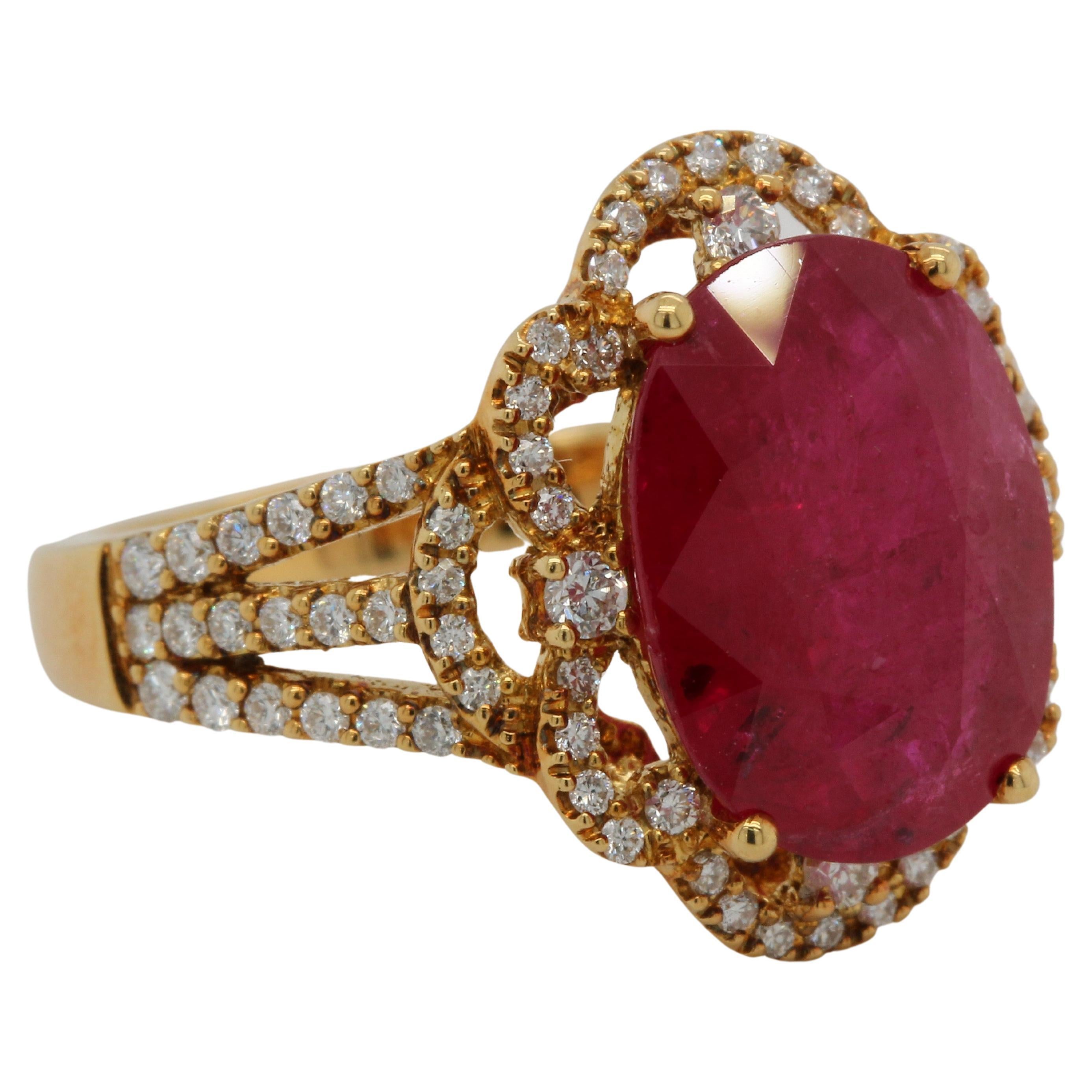 Oval Cut 5.19 Carat Ruby And Diamond Ring In 18 Karat Gold For Sale
