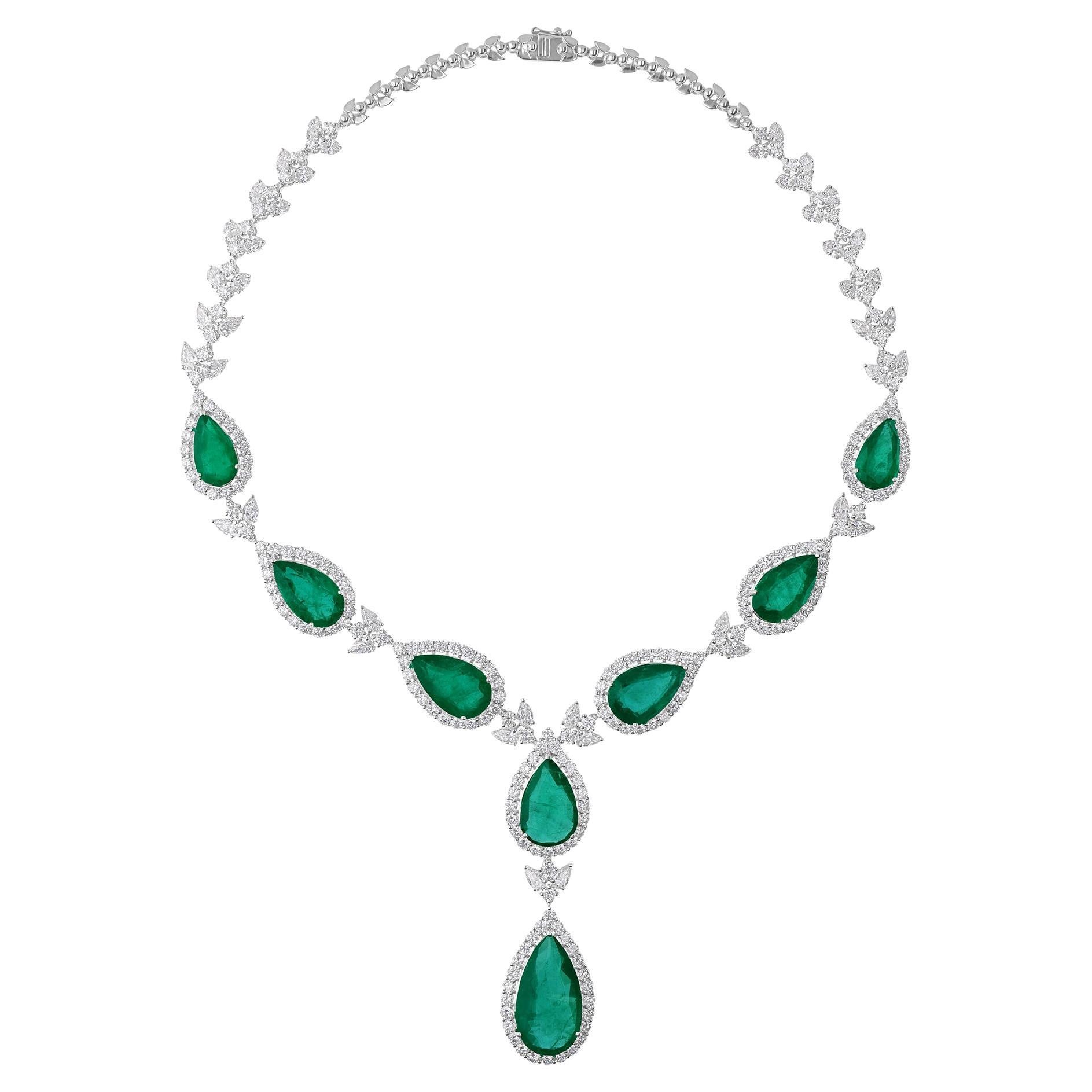 51.95Kt Sambischer Smaragd 23.26Kt Diamant Tropfen Hochzeit Halskette 14k Weißgold
