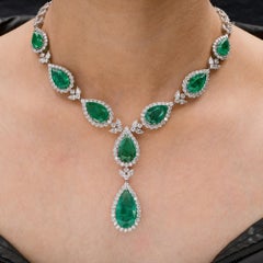 51.95Ct Zambian Emerald 23.26Ct Diamond Drop Wedding Necklace 18k White Gold