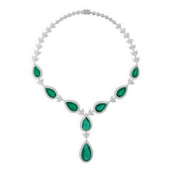 51,95Ct Smeraldo dello Zambia 23,26Ct Diamante Goccia Collana Nuziale Oro Bianco 18k
