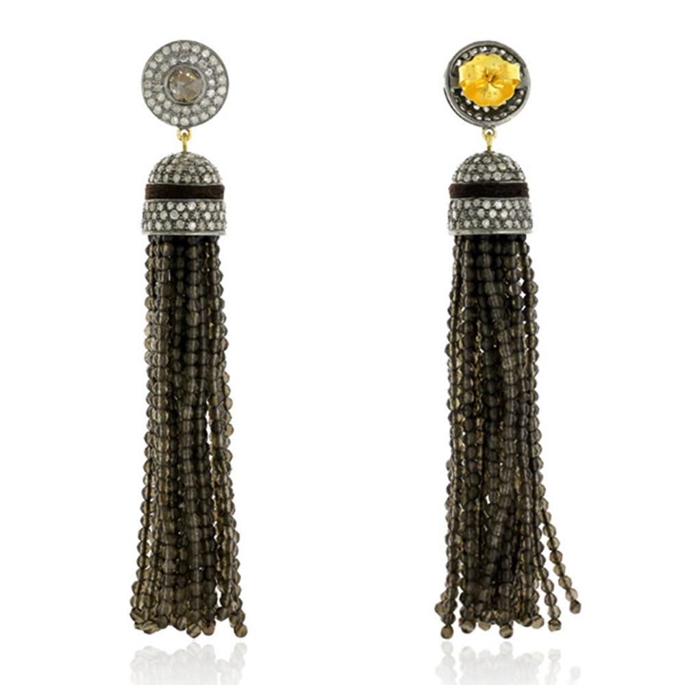Modern 5.19cts Diamond with Brown Quartz Tassel Dangle Earring in Gold and Silver For Sale