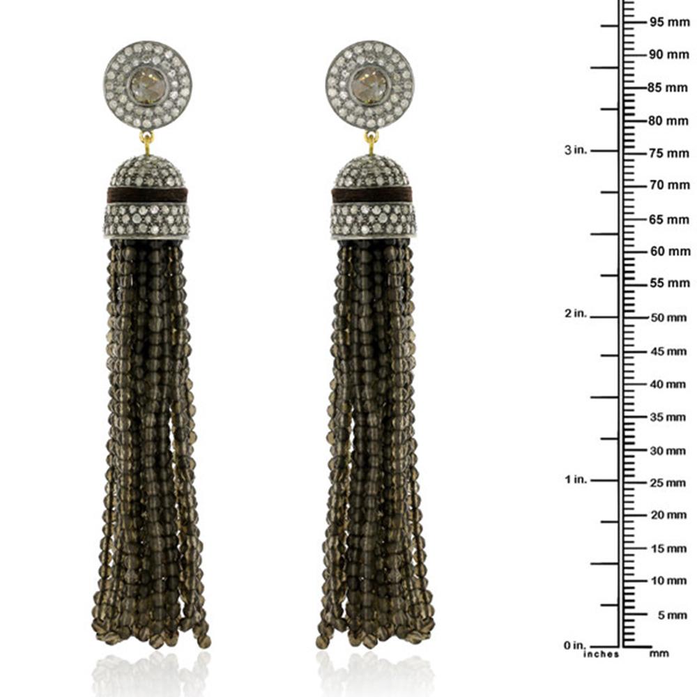 Mixed Cut 5.19cts Diamond with Brown Quartz Tassel Dangle Earring in Gold and Silver For Sale