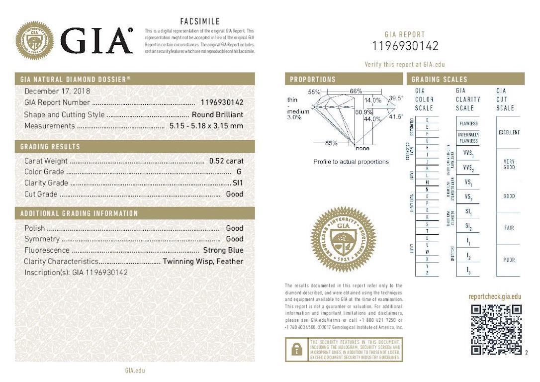 Shape/Cut: Round Brilliant 
Clarity: SI1
Color: G 
Dimensions (mm): 5.15 - 5.18 x 3.15 
Weight: 0.51ct 

GIA Report Number: 1196930142

Please check out the enlarged pictures.

Thank you for taking the time to read our description. If you have any