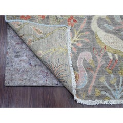 5'1"x12' Gray Hand Knotted Wool Peshawar Birds of Paradise Design Runner Rug