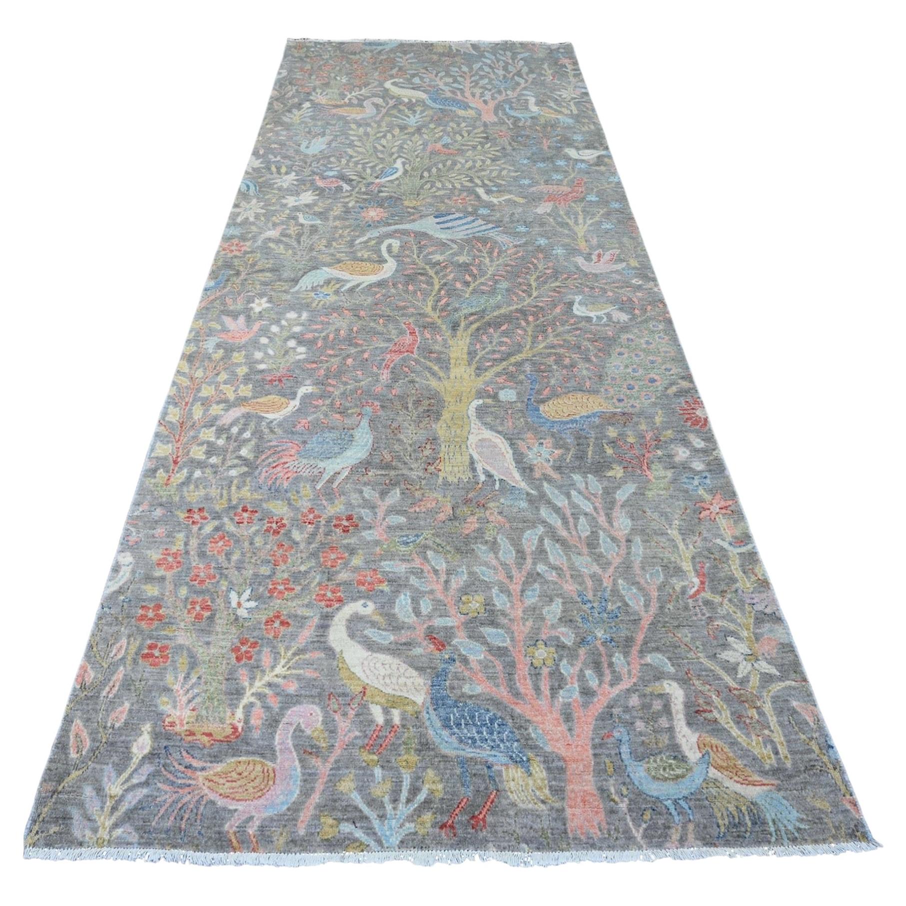 5'1"x12' Gray Hand Knotted Wool Peshawar Birds of Paradise Design Runner Rug For Sale