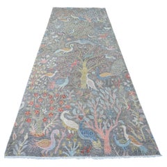 5'1"x12' Gray Hand Knotted Wool Peshawar Birds of Paradise Design Runner Rug
