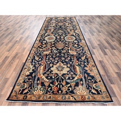 Tappeto da corridoio in lana annodato a mano, 5'1" x 14', blu notte, con motivo zoroastriano del Nord-Ovest